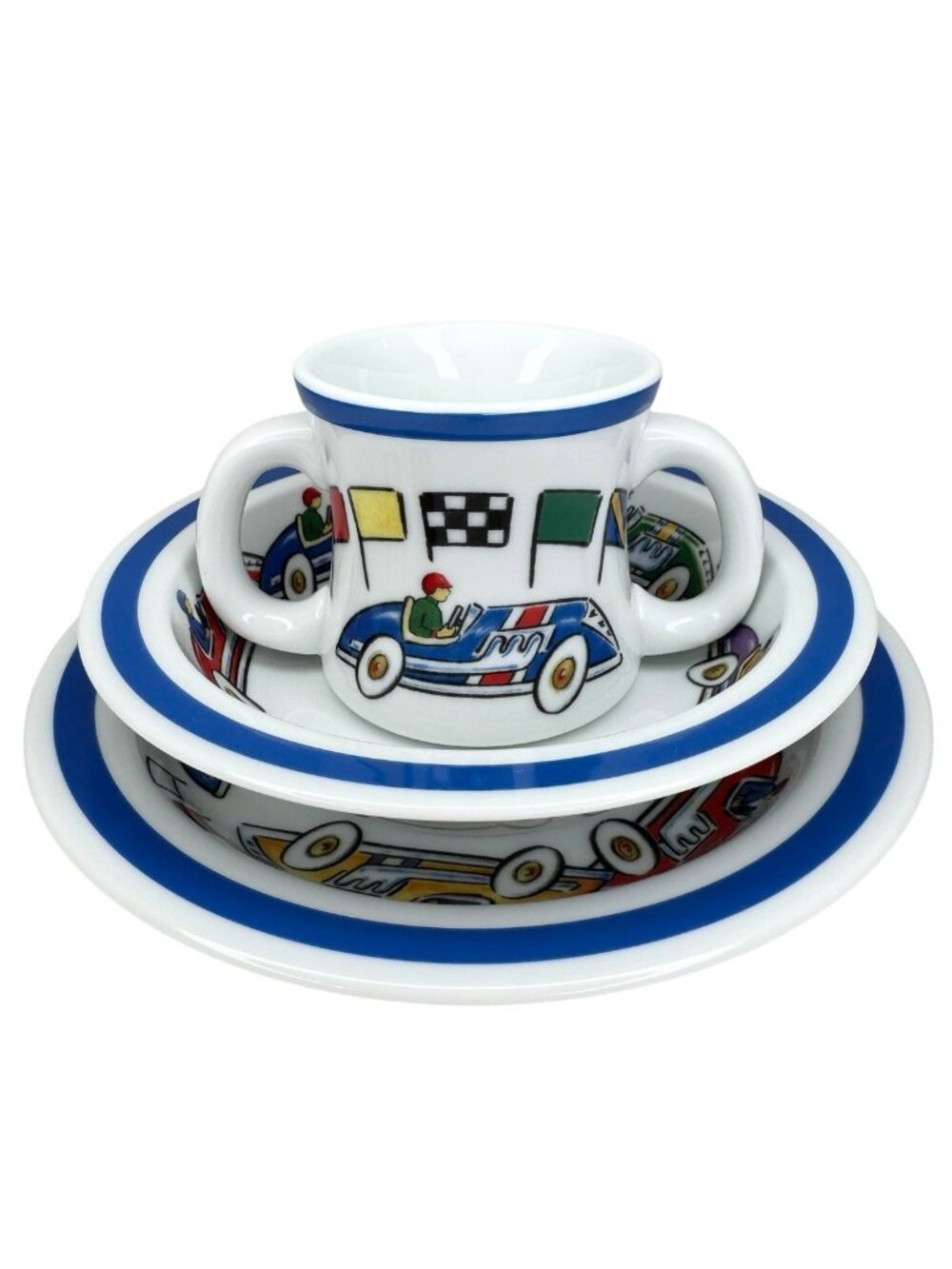 Tiffany & Co Race Cars 2002 Child’s Porcelain 3pc Set Mug Bowl Plate Japan